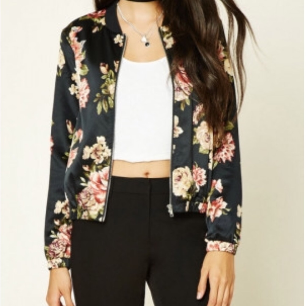 Forever 21 Black Floral Bomber Satin Small
